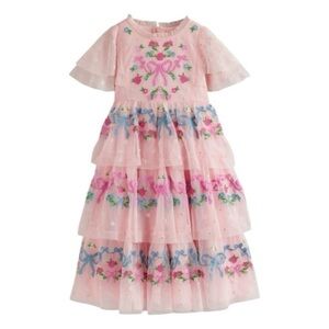 Mini Boden Light Pink Embroidered Tulle Tiered Party Dress Sz 9/10